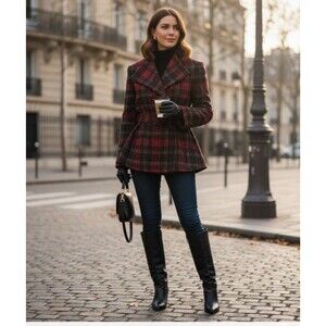 Evan Picone Belted Wool Blend Women's Blazer Coat wrap Red Black and Tan Size PS